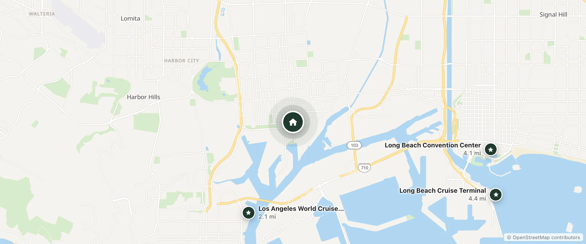 Map of Anchor Pointe Inn and nearby Los Angeles World Cruise Center, Long Beach Convention Center and Long Beach Cruise Terminal