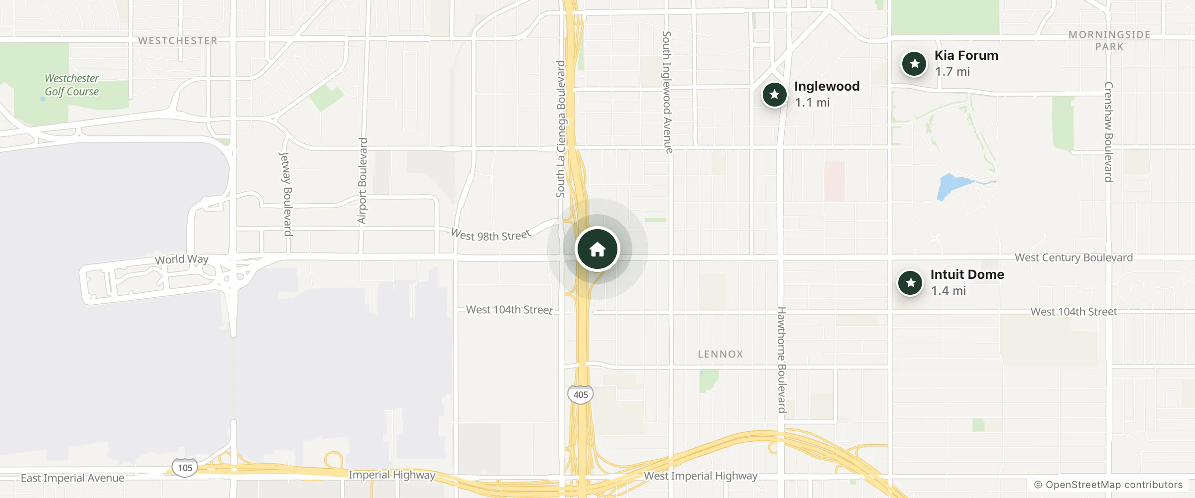 Map of Motel 6 and nearby Inglewood, Intuit Dome and Kia Forum