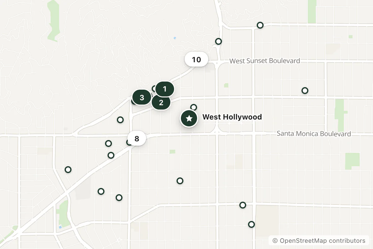 Map of the top 25 hotels for this question around West Hollywood