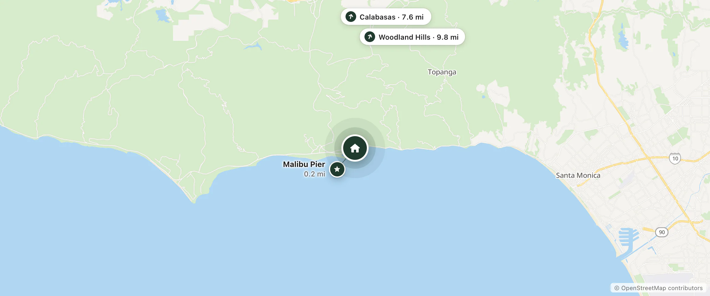 Map of Malibu Beach Inn and nearby Malibu Pier, Calabasas and Woodland Hills