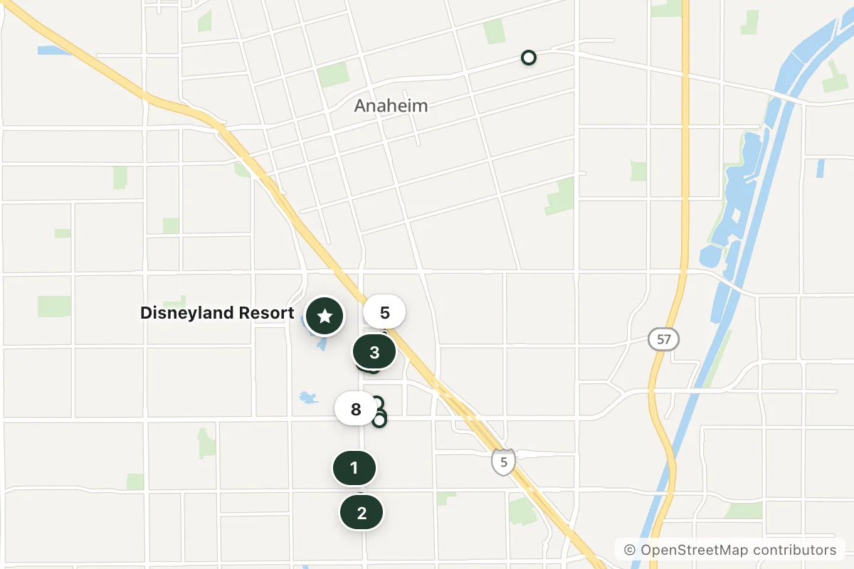 Map of the top 14 hotels for this question around Disneyland Resort