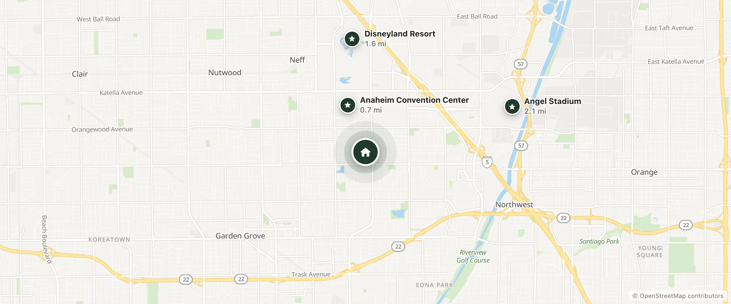 Map of Embassy Suites by Hilton and nearby Anaheim Convention Center, Disneyland Resort and Angel Stadium