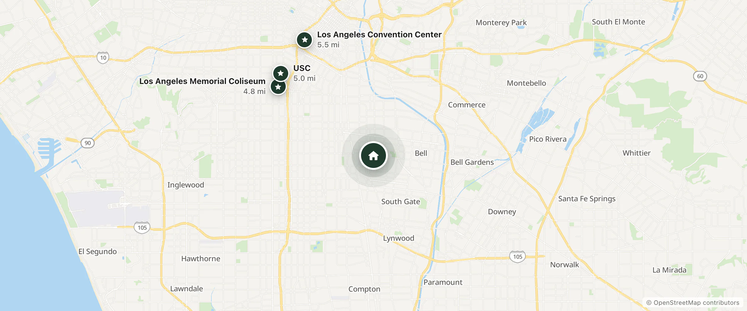 Map of Huntington Park Travel Inn and nearby Los Angeles Memorial Coliseum, USC and Los Angeles Convention Center