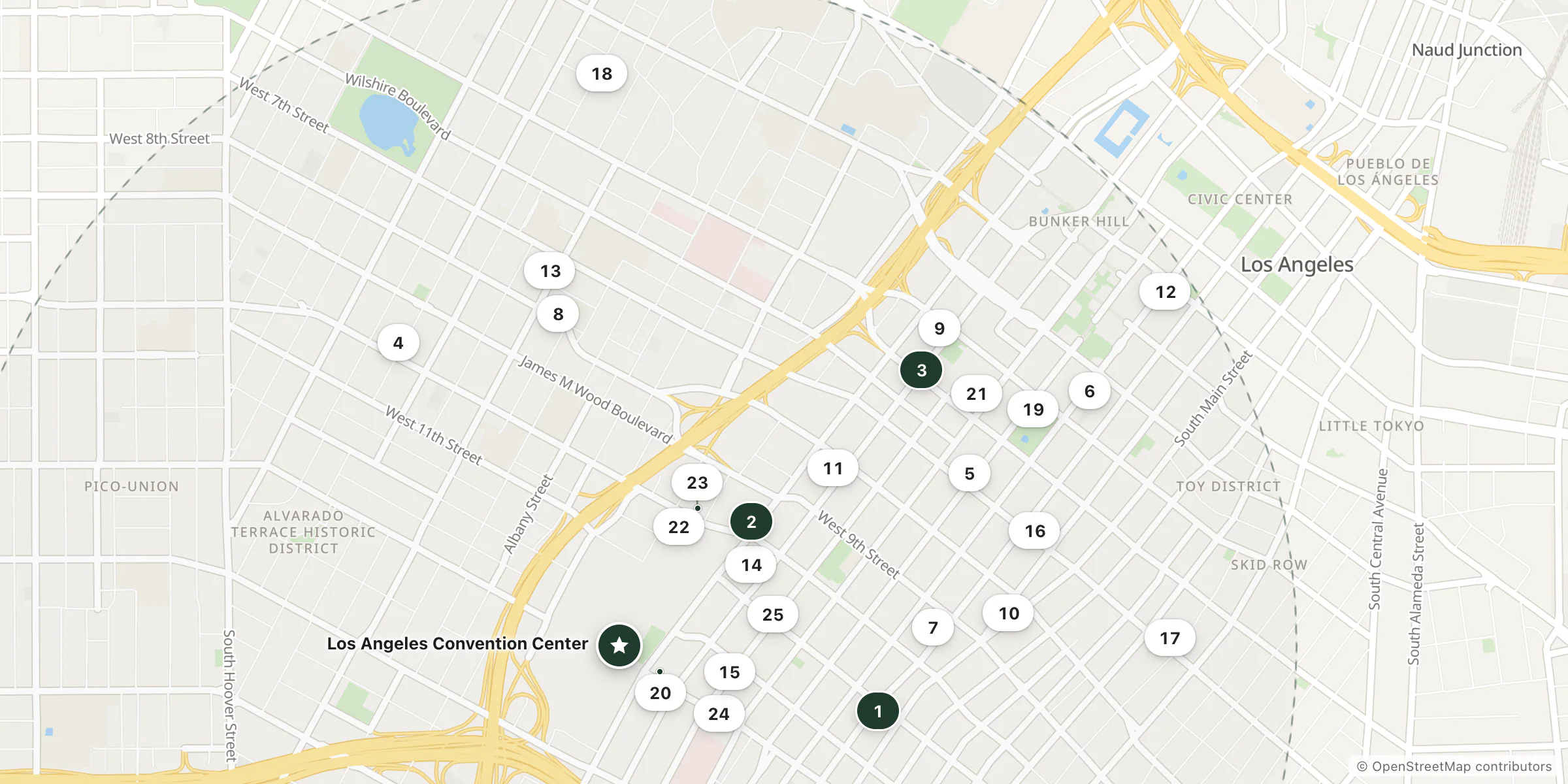 Map of hotels near Los Angeles Convention Center