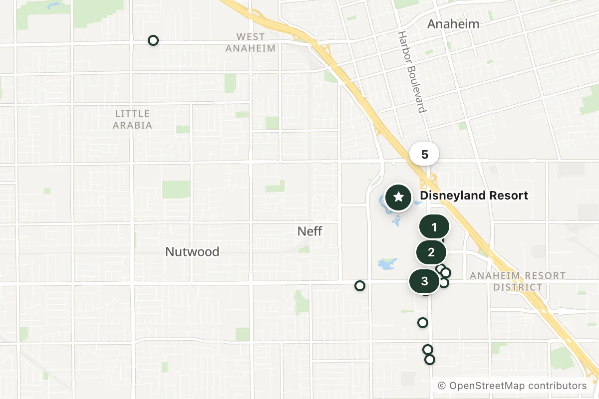 Map of the top 17 hotels for this question around Disneyland Resort