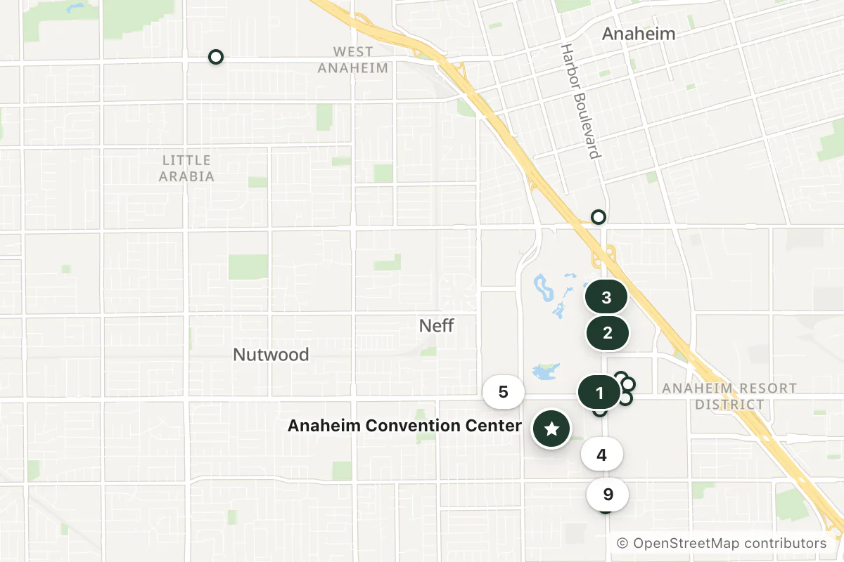 Map of the top 17 hotels for this question around Anaheim Convention Center