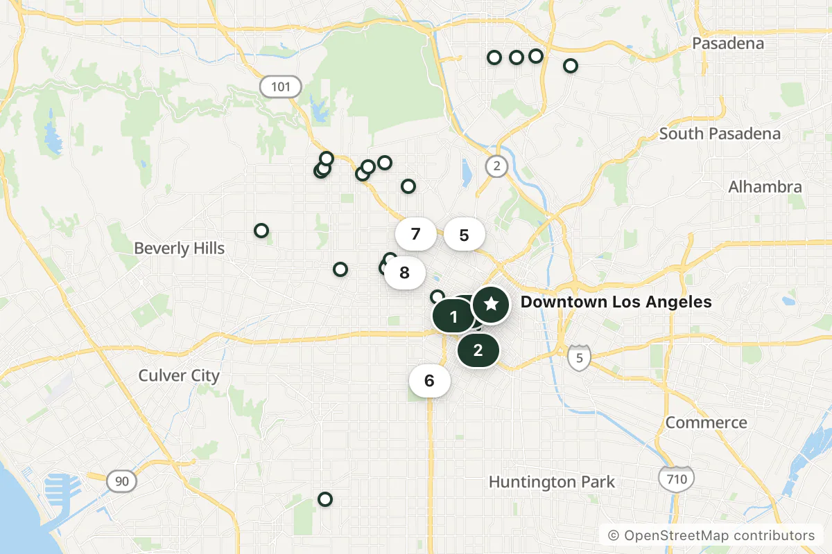 Map of the top 25 hotels for this question around Downtown Los Angeles