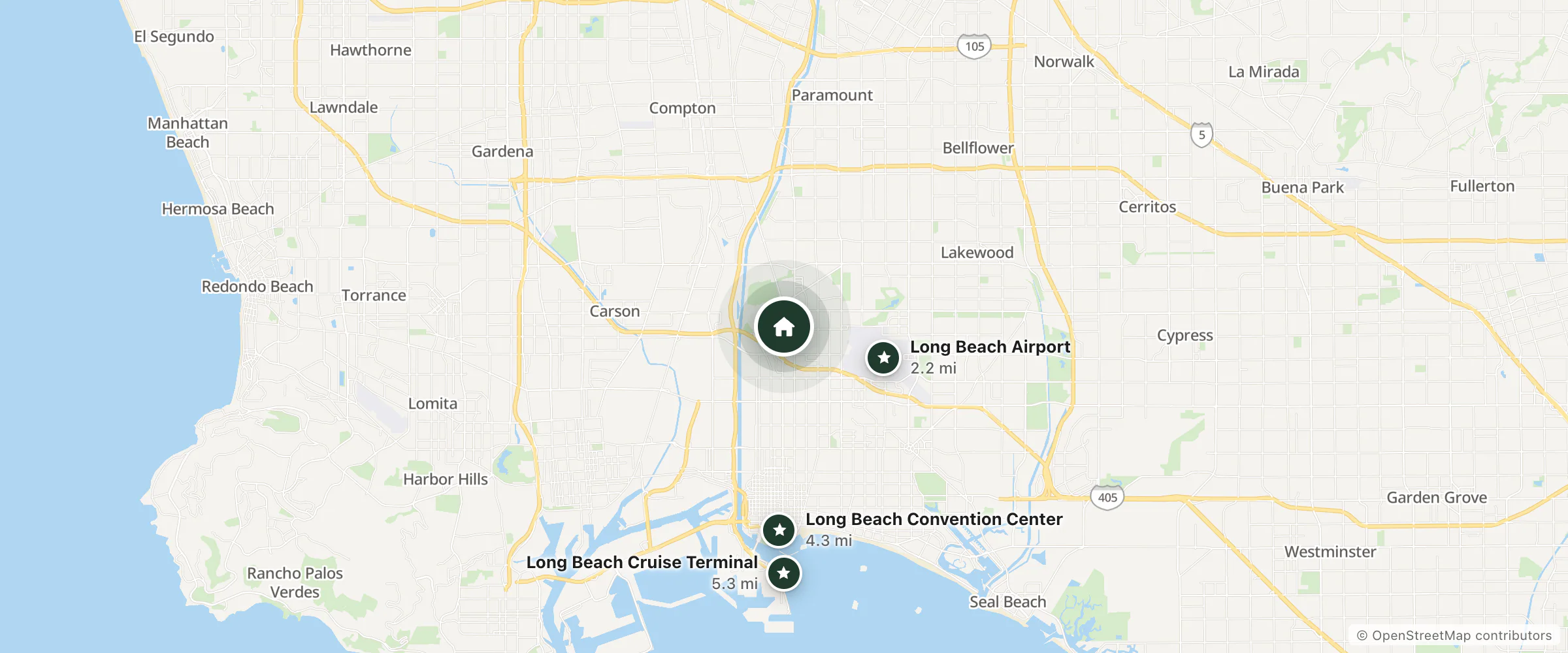 Map of Hotel Salina Long Beach and nearby Long Beach Airport, Long Beach Convention Center and Long Beach Cruise Terminal