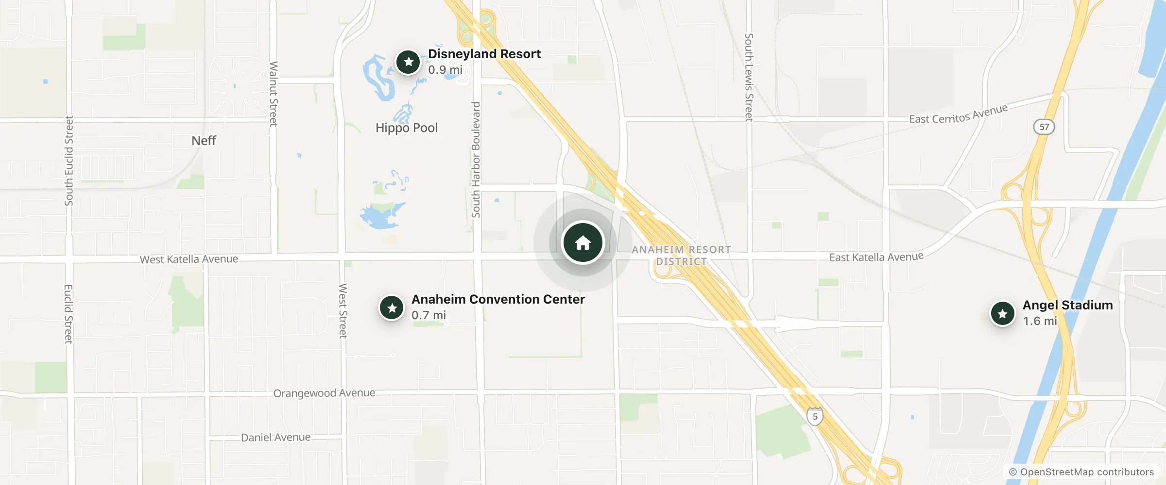Map of WorldMark Anaheim and nearby Anaheim Convention Center, Disneyland Resort and Angel Stadium