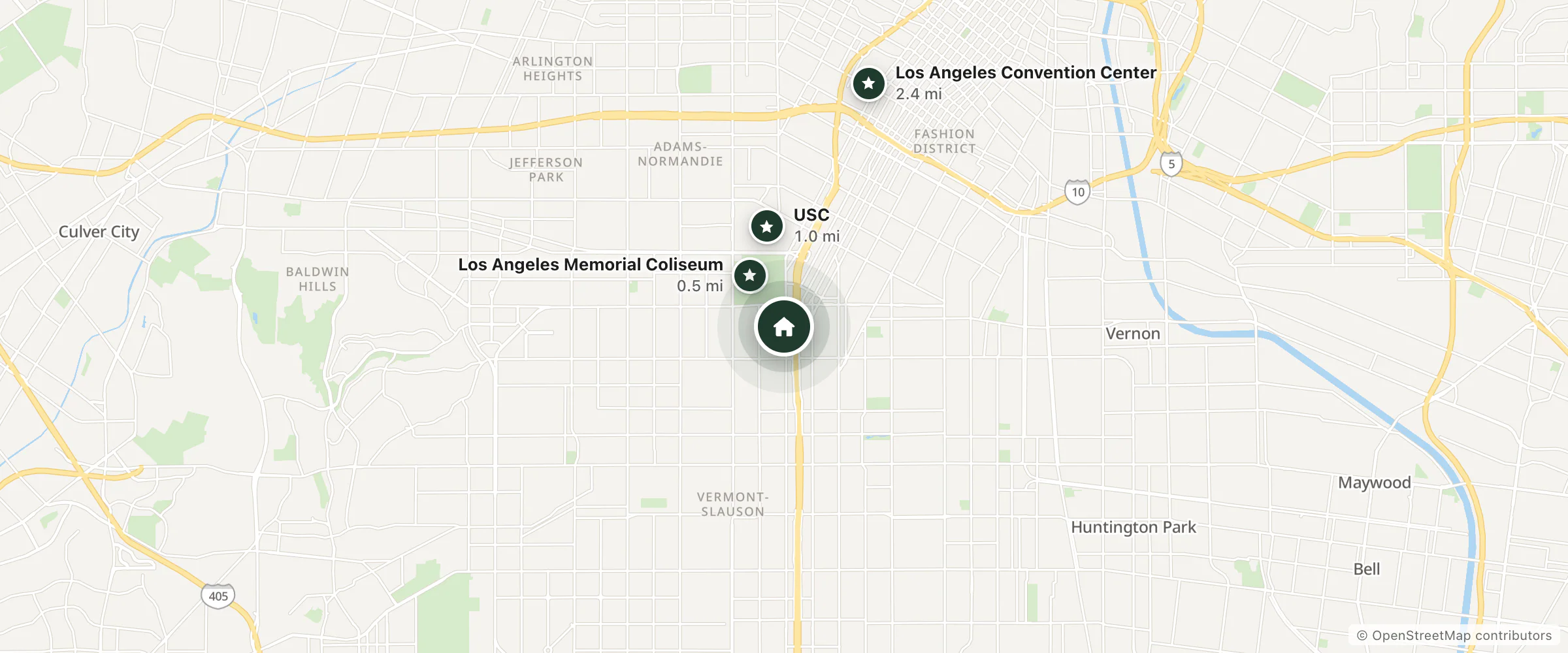 Map of Park Motel and nearby Los Angeles Memorial Coliseum, USC and Los Angeles Convention Center