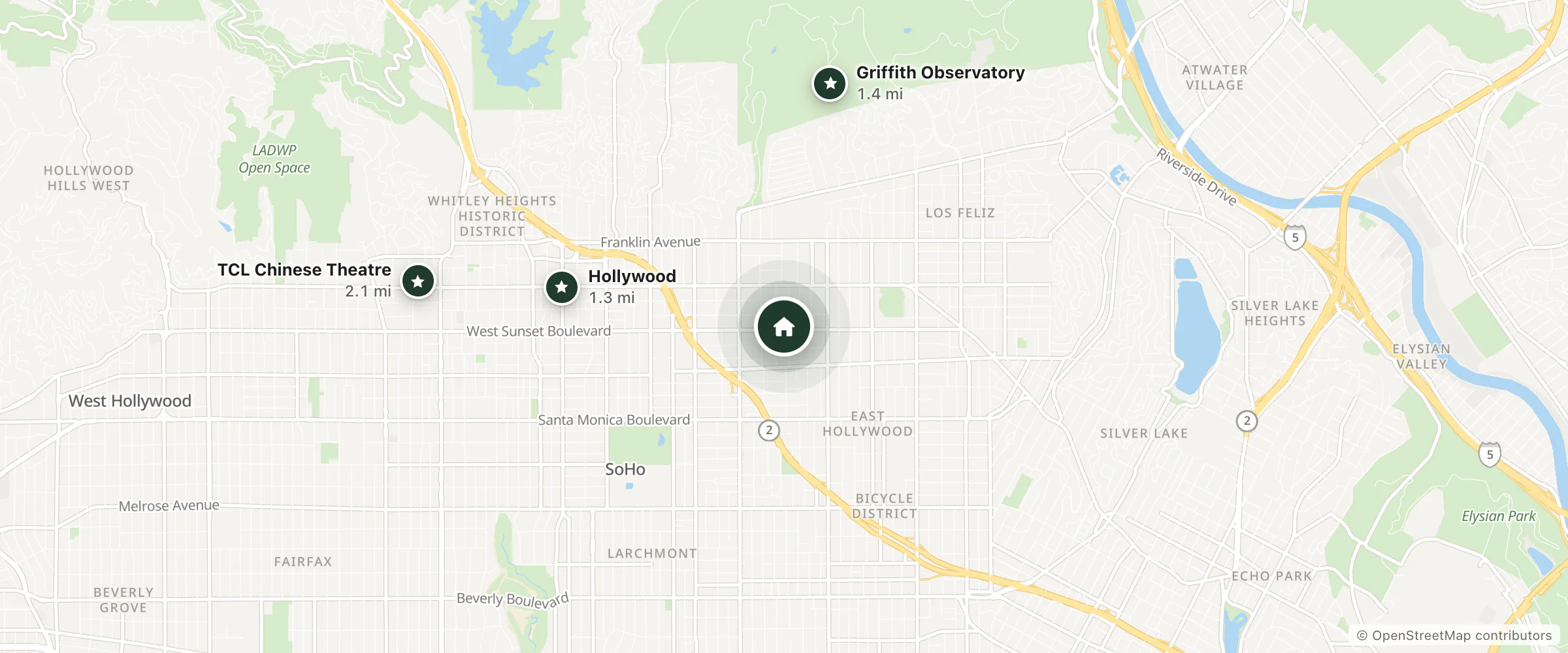 Map of Americas Best Value Inn Hollywood Los Angeles and nearby Hollywood, Griffith Observatory and TCL Chinese Theatre