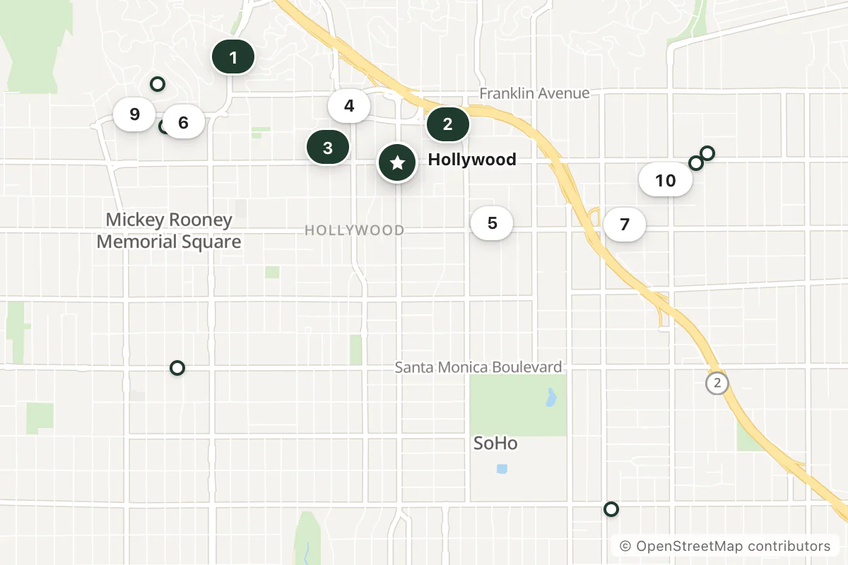 Map of the top 15 hotels for this question around Hollywood