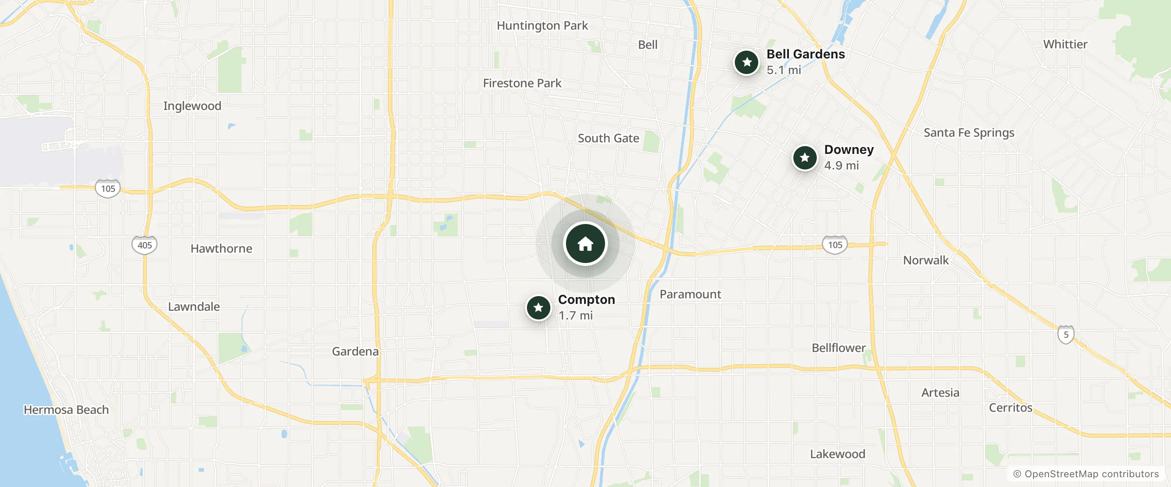 Map of Hi Rise Motel and nearby Compton, Downey and Bell Gardens