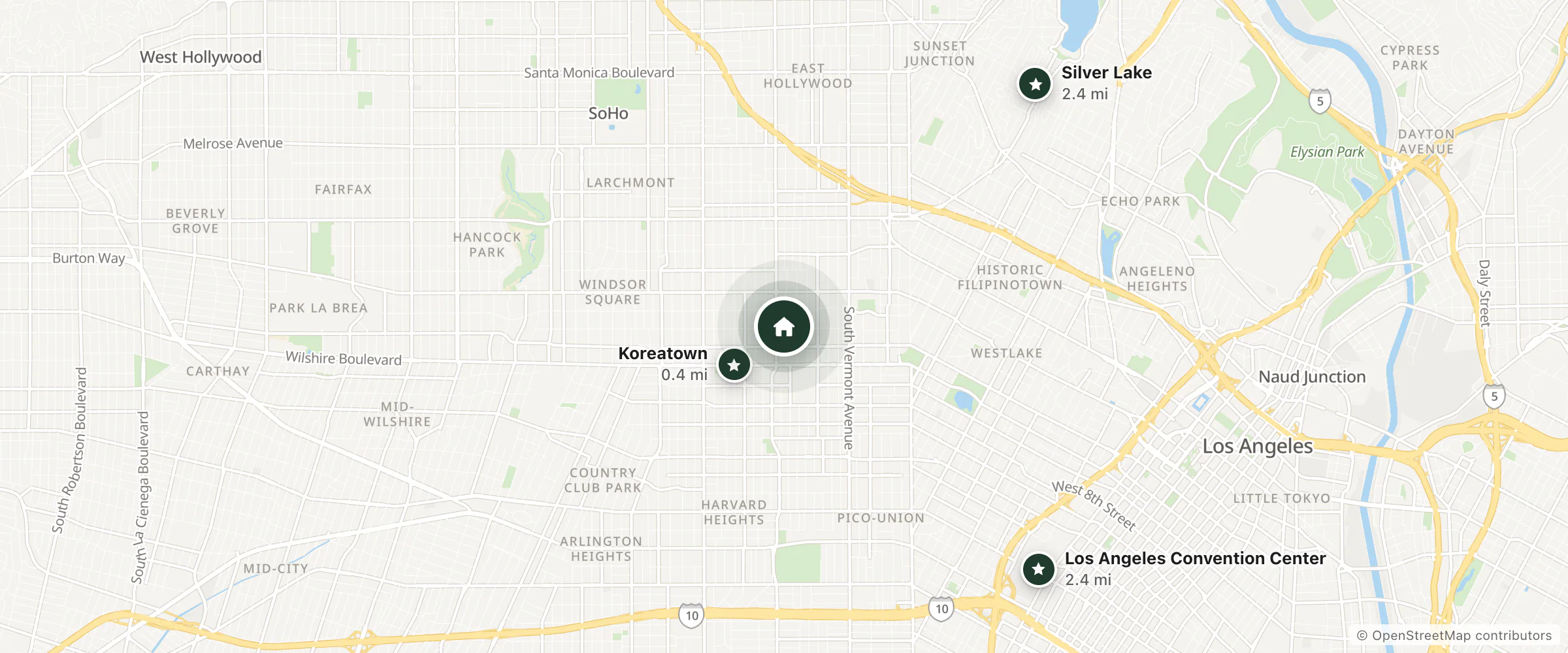 Map of Shelter Hotels and nearby Koreatown, Silver Lake and Los Angeles Convention Center