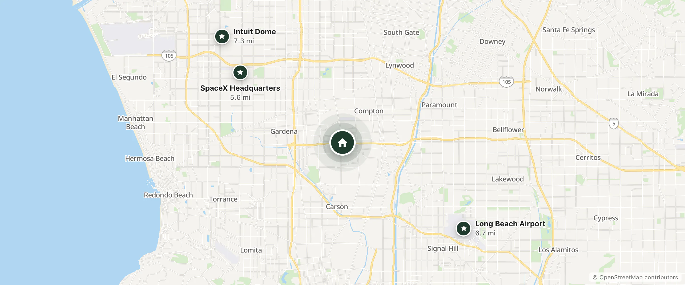 Map of Super 8 Rancho Dominguez and nearby SpaceX Headquarters, Long Beach Airport and Intuit Dome