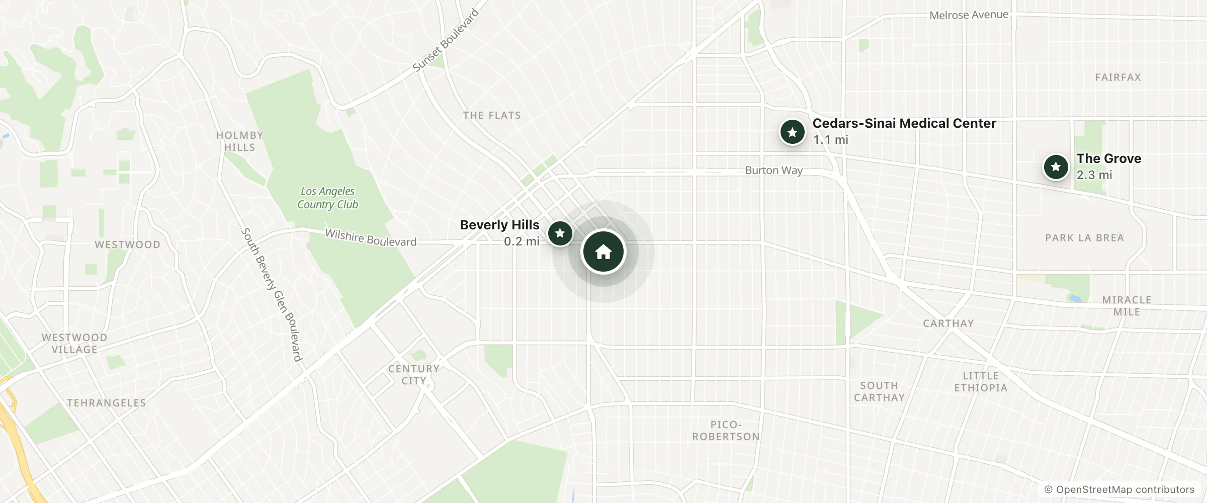Map of SIRTAJ Hotel and nearby Beverly Hills, Cedars-Sinai Medical Center and The Grove