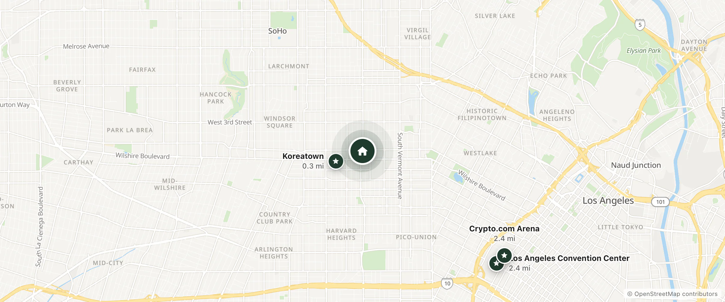 Map of Hotel Normandie LA and nearby Koreatown, Los Angeles Convention Center and Crypto.com Arena