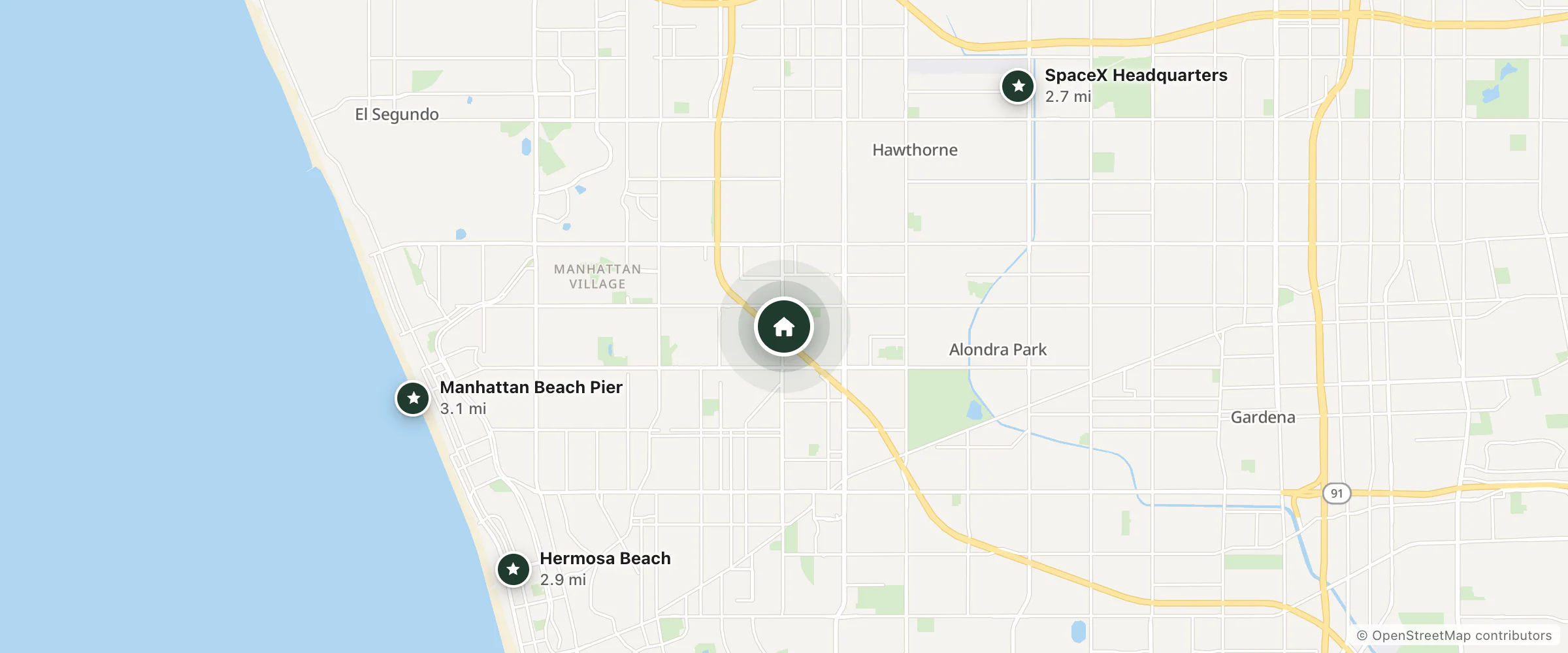 Map of Hyland Hotel and nearby SpaceX Headquarters, Hermosa Beach and Manhattan Beach Pier