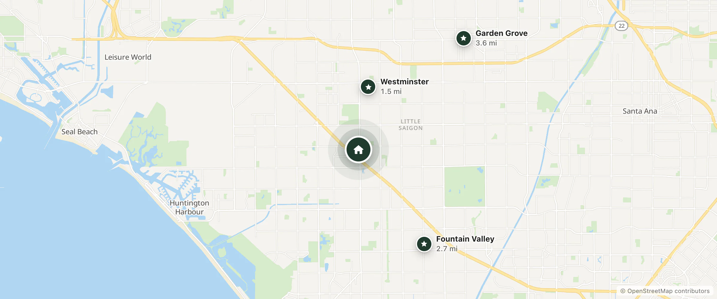 Map of Hotel 39 Westminster and nearby Westminster, Fountain Valley and Garden Grove
