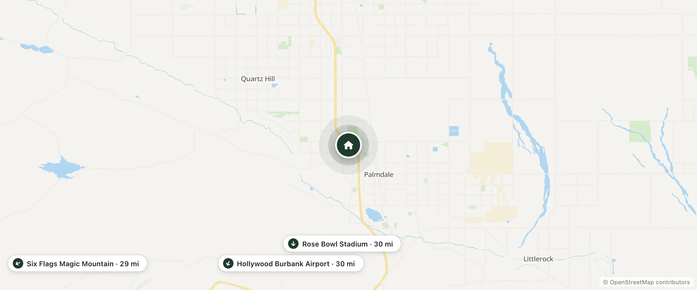 Map of Hampton Inn & Suites Palmdale and nearby Six Flags Magic Mountain, Hollywood Burbank Airport and Rose Bowl Stadium