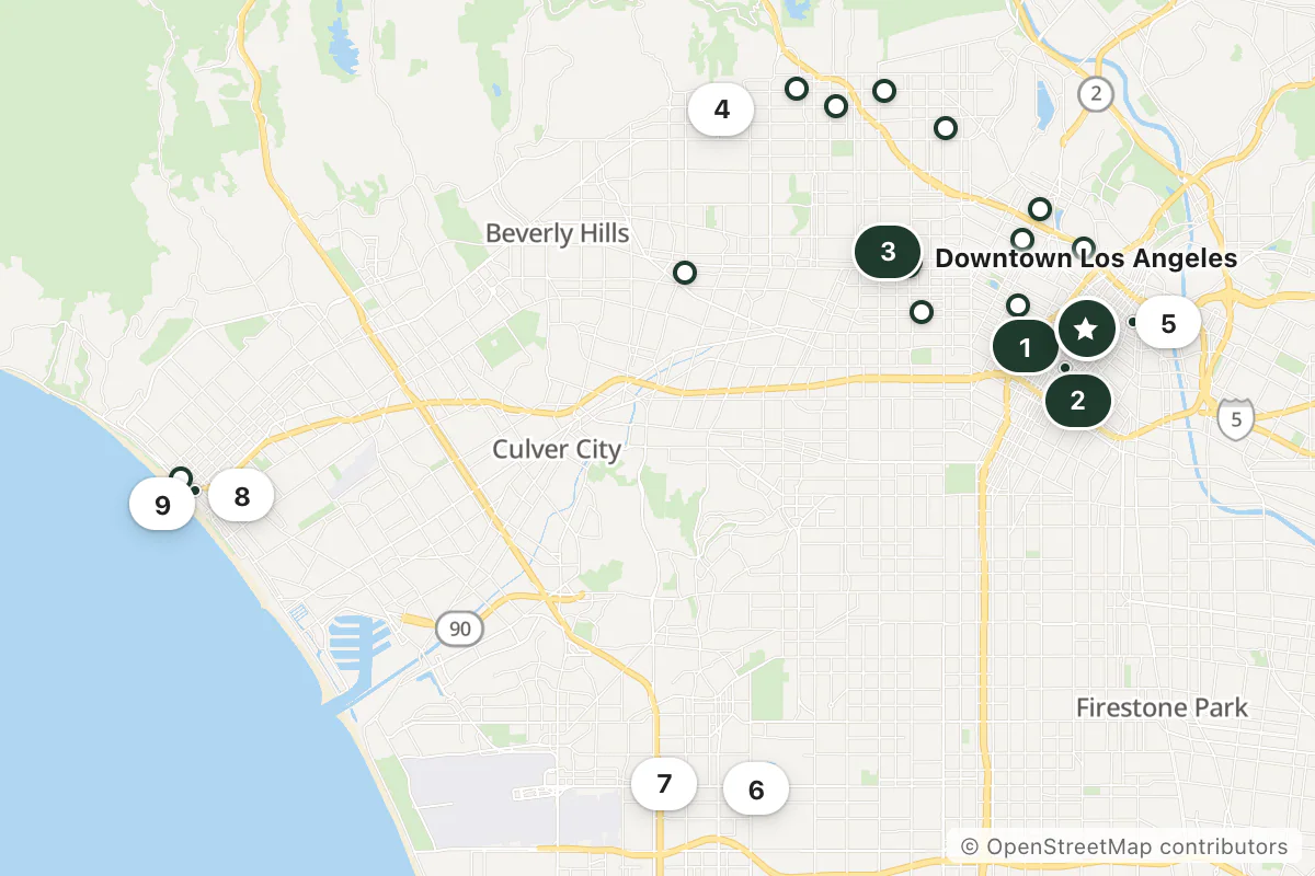Map of the top 25 hotels for this question around Downtown Los Angeles