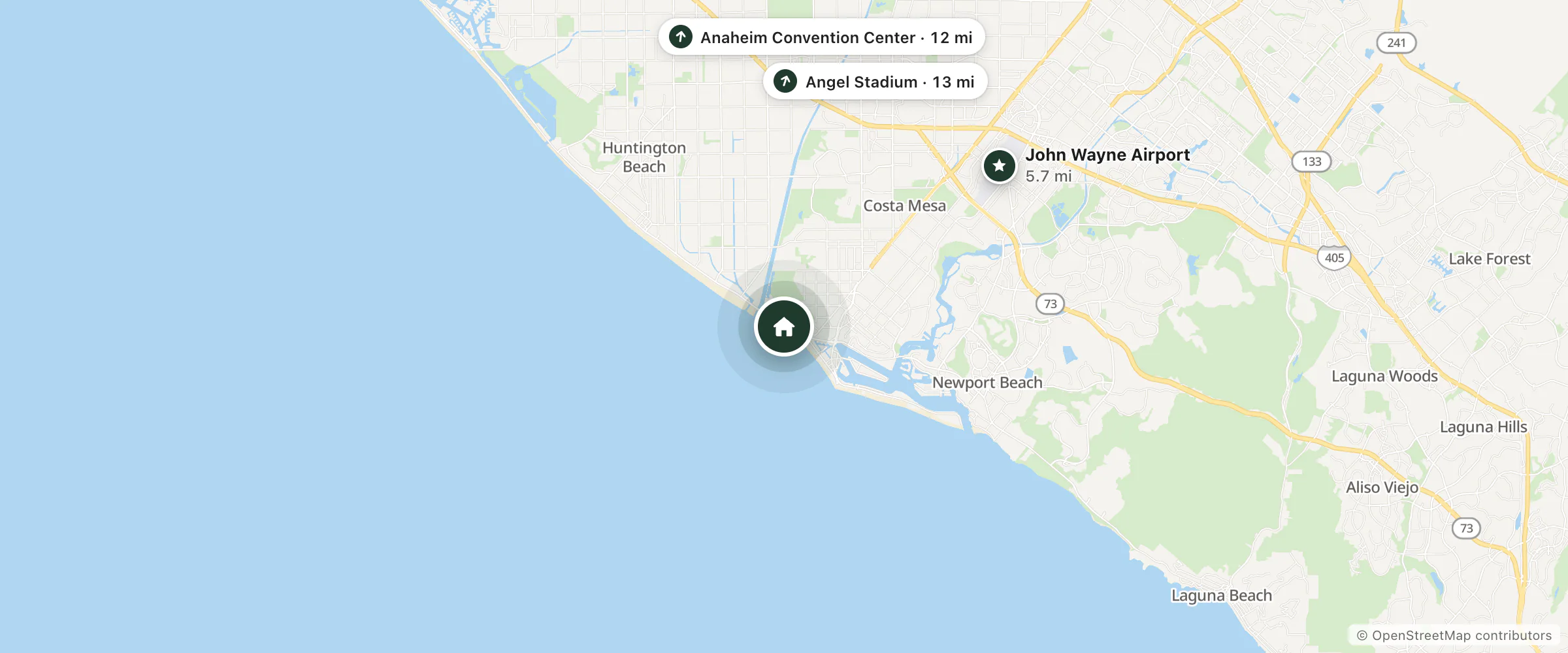 Map of Newport Channel Inn and nearby John Wayne Airport, Anaheim Convention Center and Angel Stadium