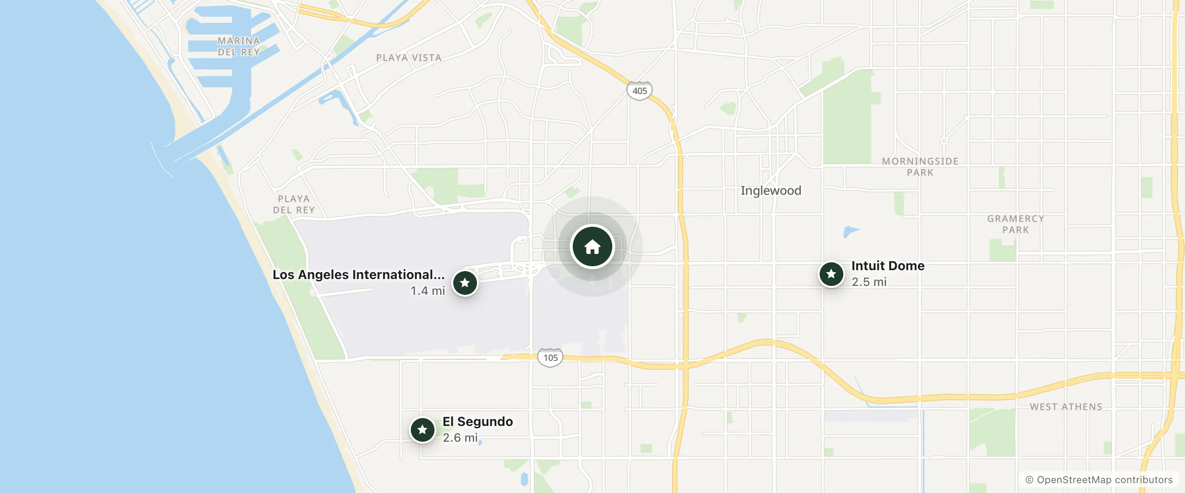 Map of Four Points by Sheraton Los Angeles International Airport and nearby Los Angeles International Airport, Intuit Dome and El Segundo
