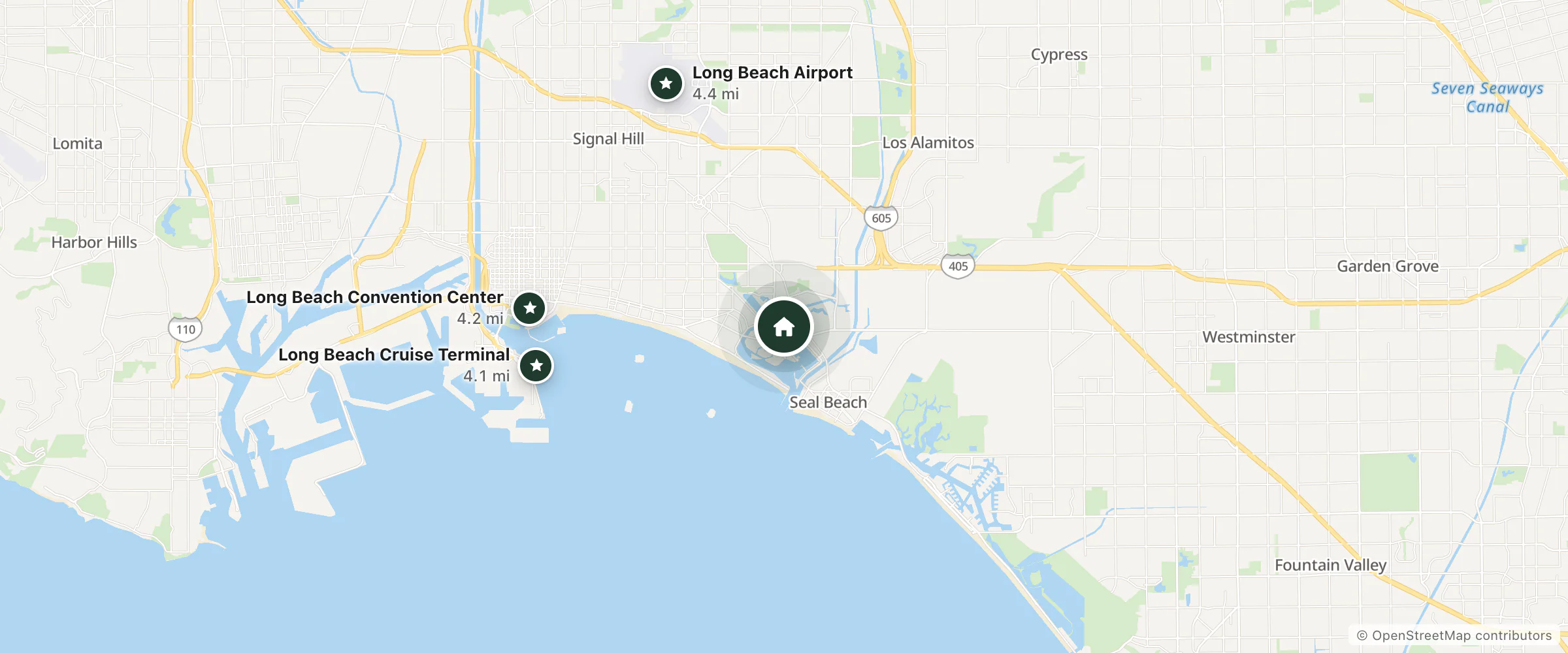 Map of Craverian Inn SoCal and nearby Long Beach Cruise Terminal, Long Beach Convention Center and Long Beach Airport