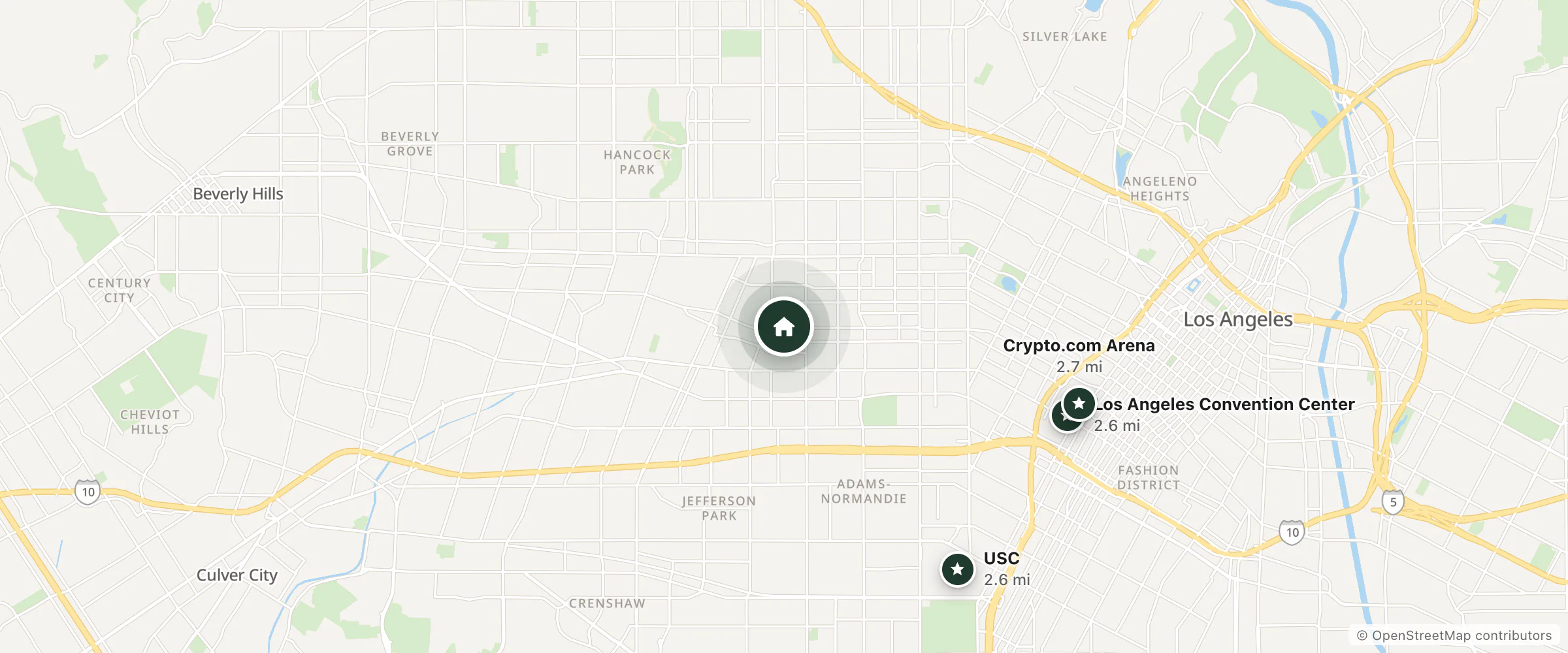 Map of Hotel Koxie and nearby Los Angeles Convention Center, USC and Crypto.com Arena