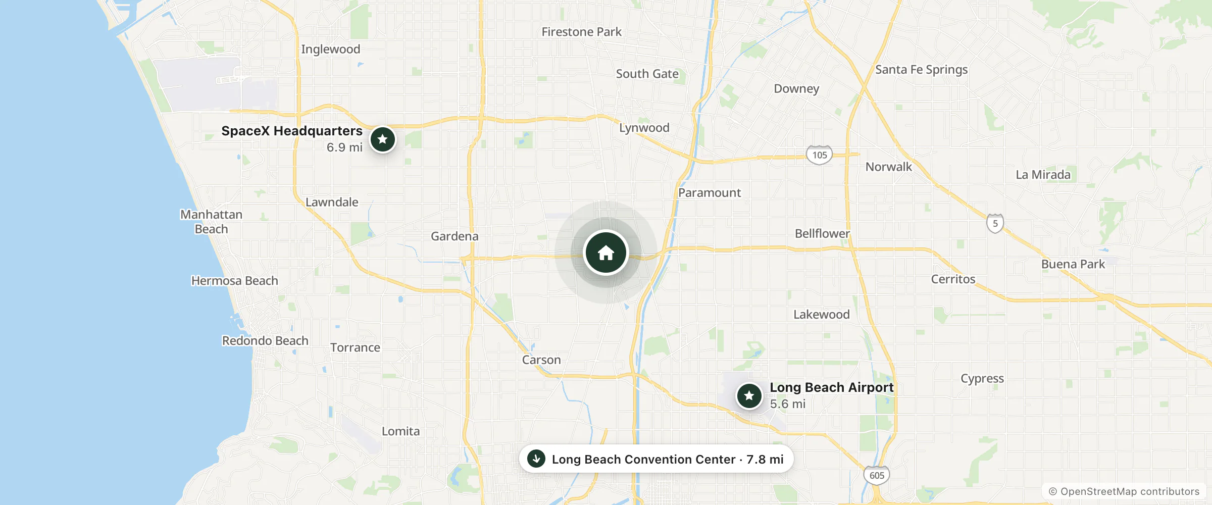 Map of LA Crystal Hotel and nearby Long Beach Airport, SpaceX Headquarters and Long Beach Convention Center