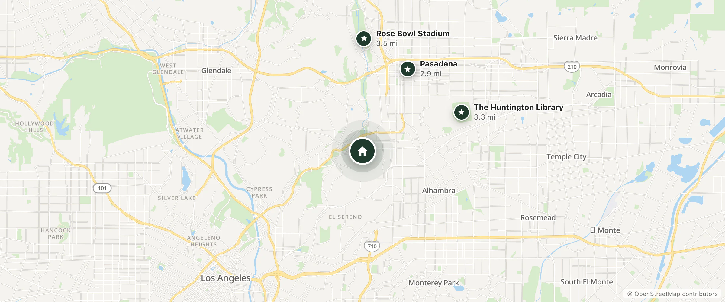 Map of Arroyo Vista Inn and nearby Pasadena, The Huntington Library and Rose Bowl Stadium