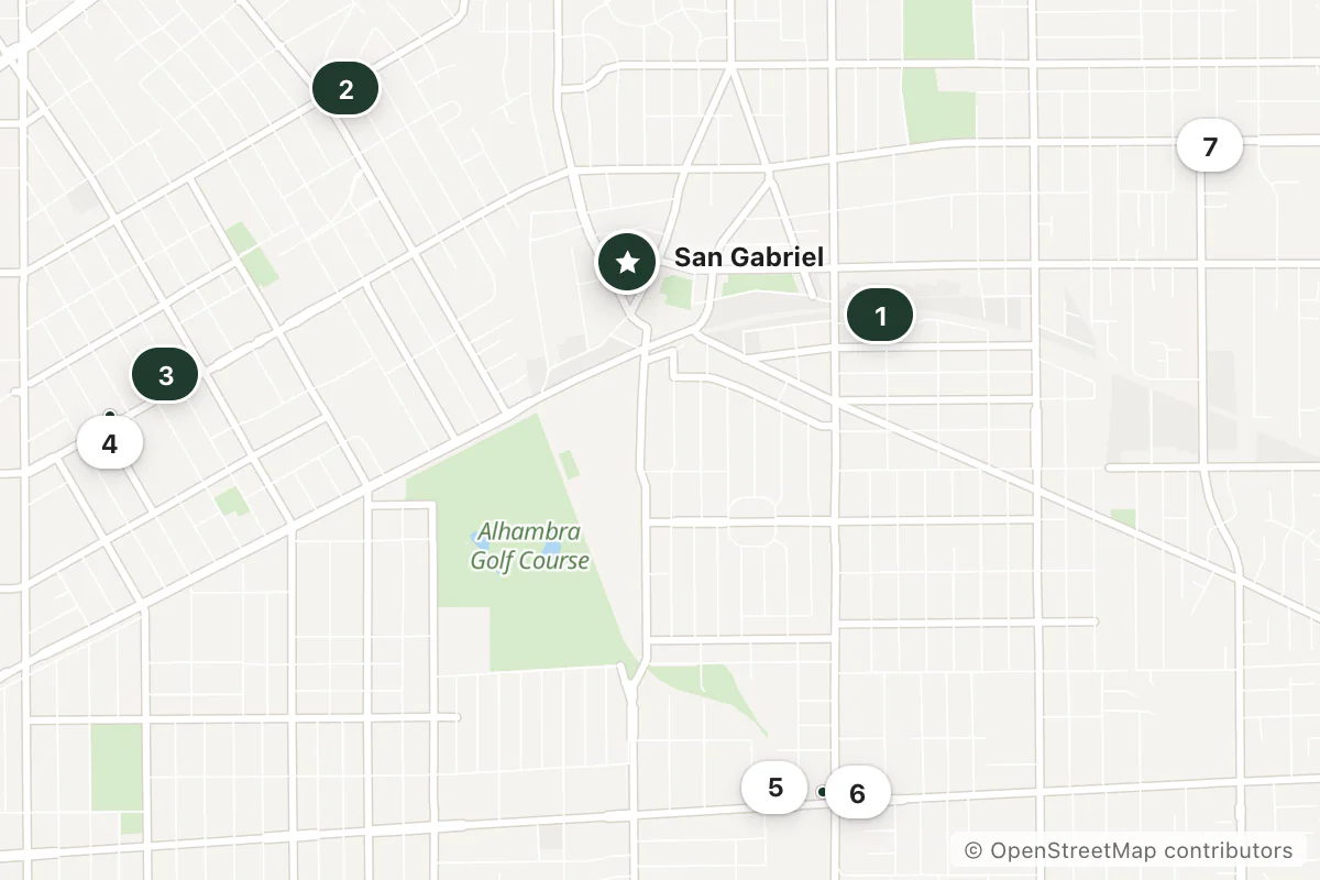 Map of the top 7 hotels for this question around San Gabriel