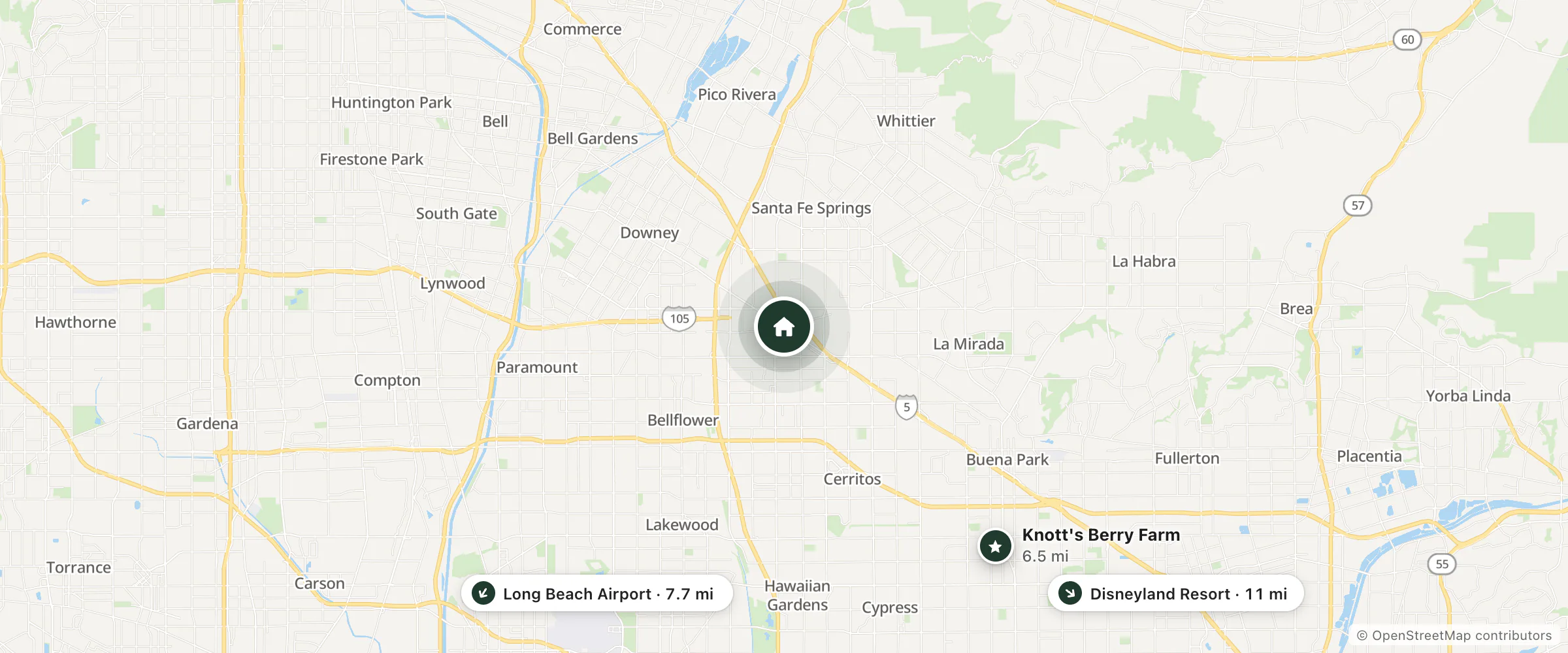 Map of Best Value Motel and nearby Knott's Berry Farm, Long Beach Airport and Disneyland Resort
