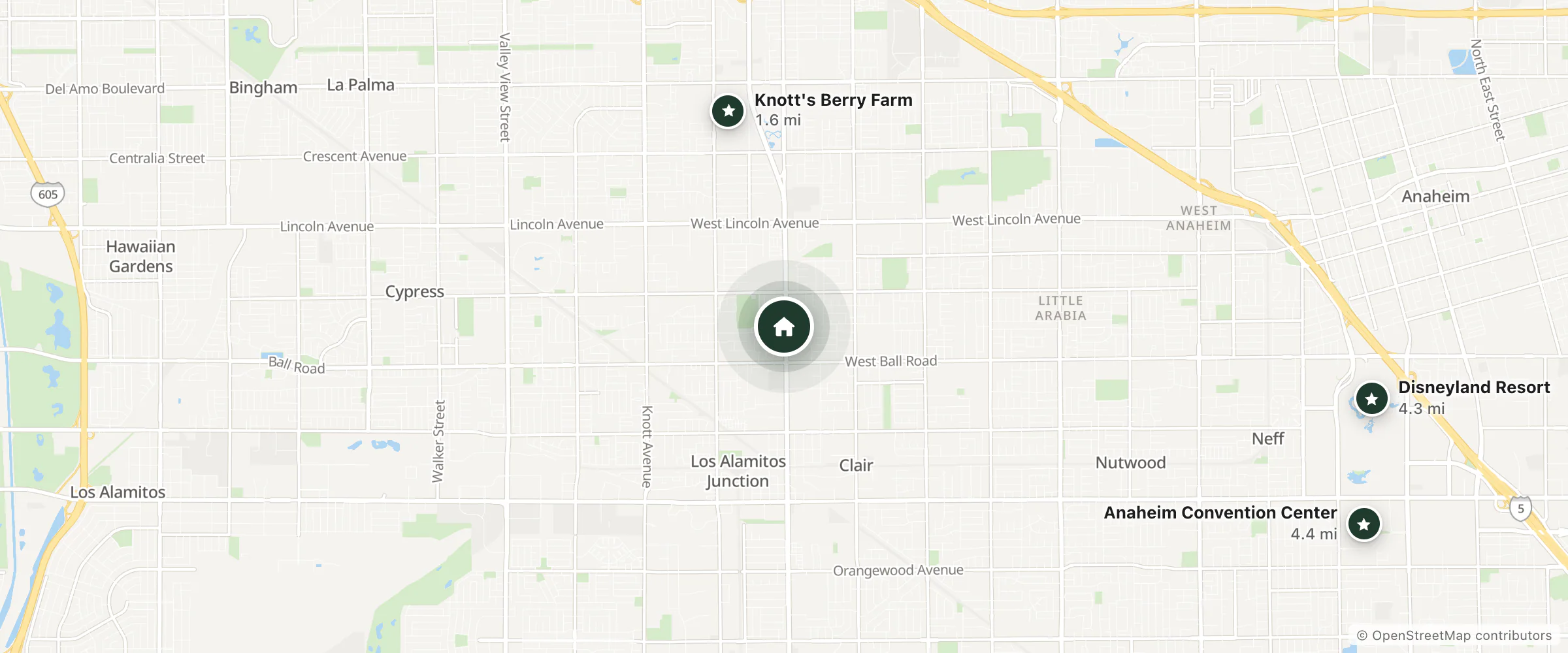 Map of Holiday Inn Express Anaheim West and nearby Knott's Berry Farm, Disneyland Resort and Anaheim Convention Center