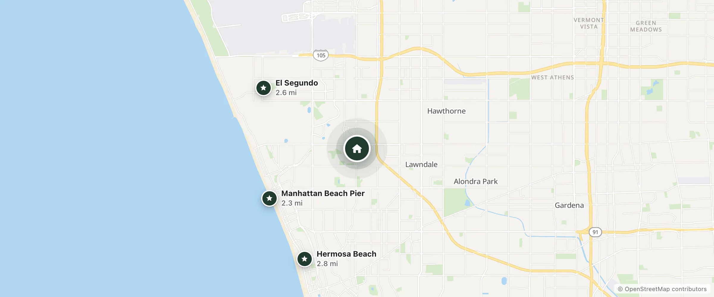 Map of TownePlace Suites by Marriott Los Angeles LAX/Manhattan Beach and nearby Manhattan Beach Pier, El Segundo and Hermosa Beach