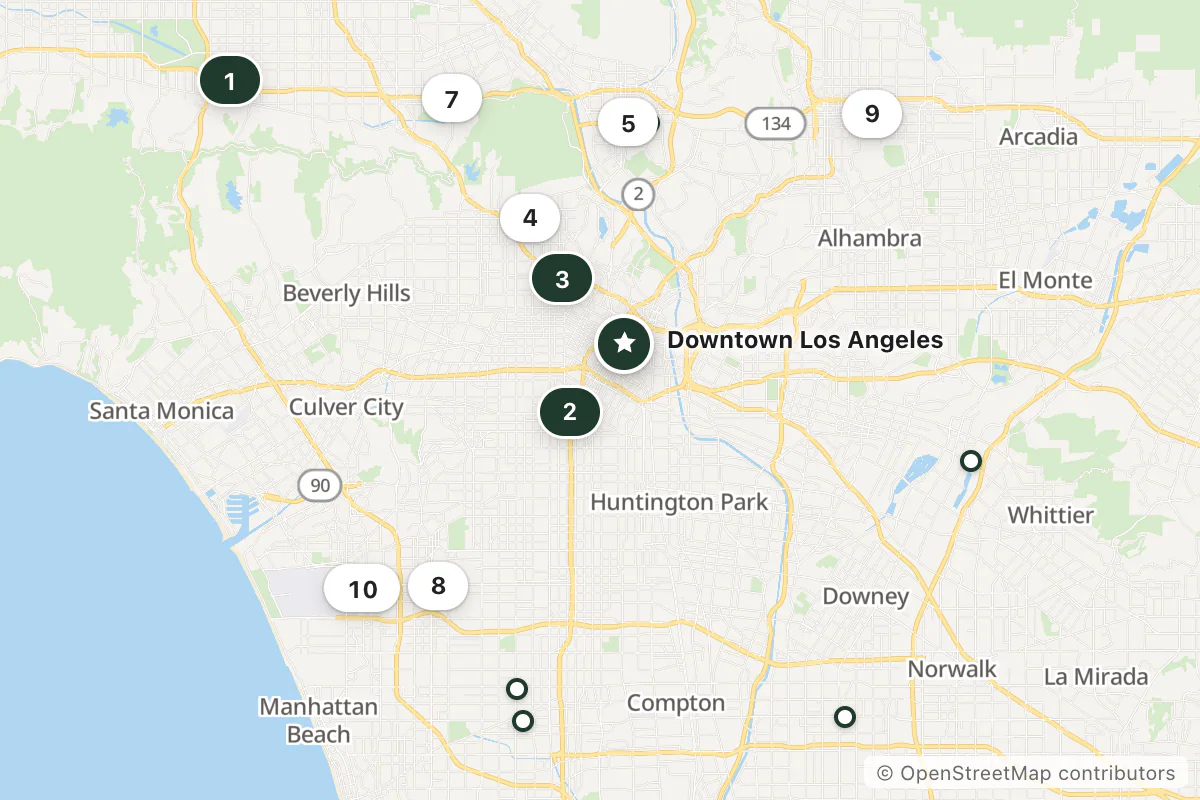 Map of the top 15 hotels for this question around Downtown Los Angeles