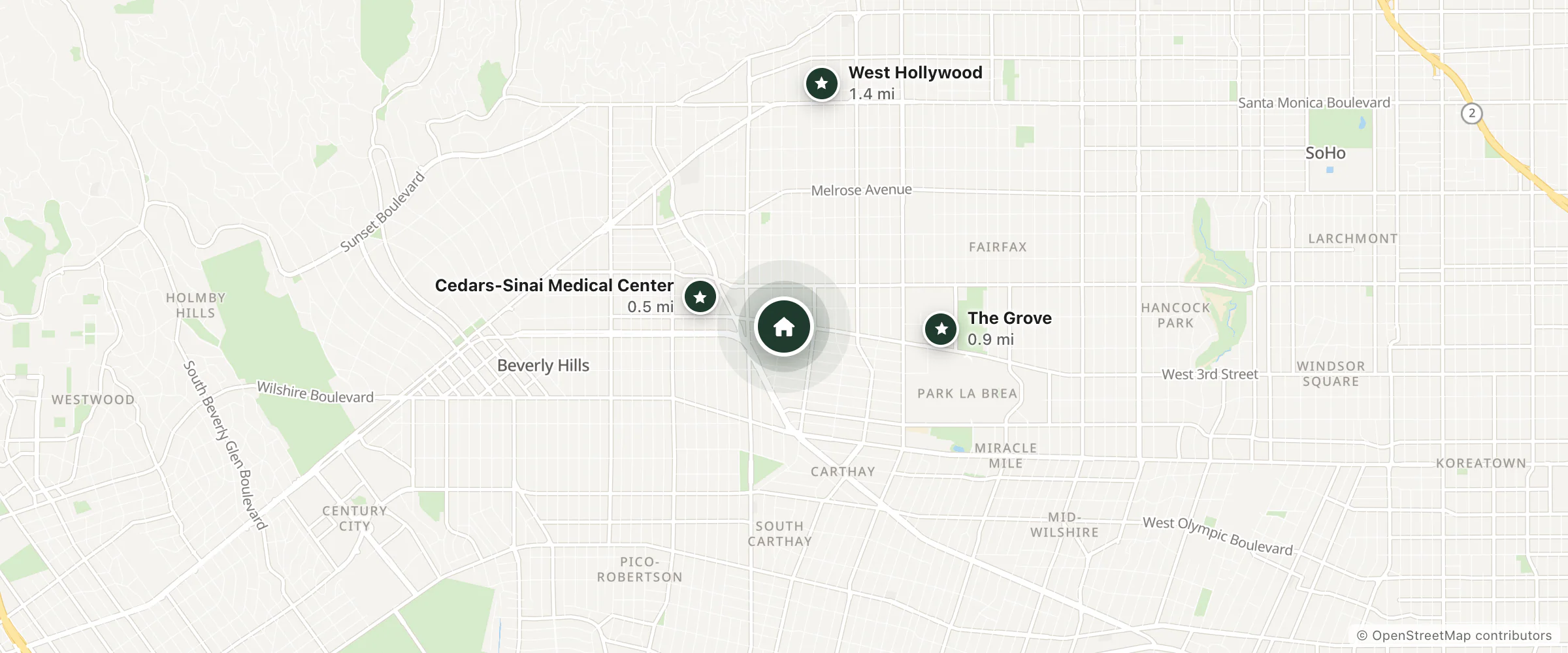 Map of Beverly Plaza Hotel and nearby Cedars-Sinai Medical Center, The Grove and West Hollywood