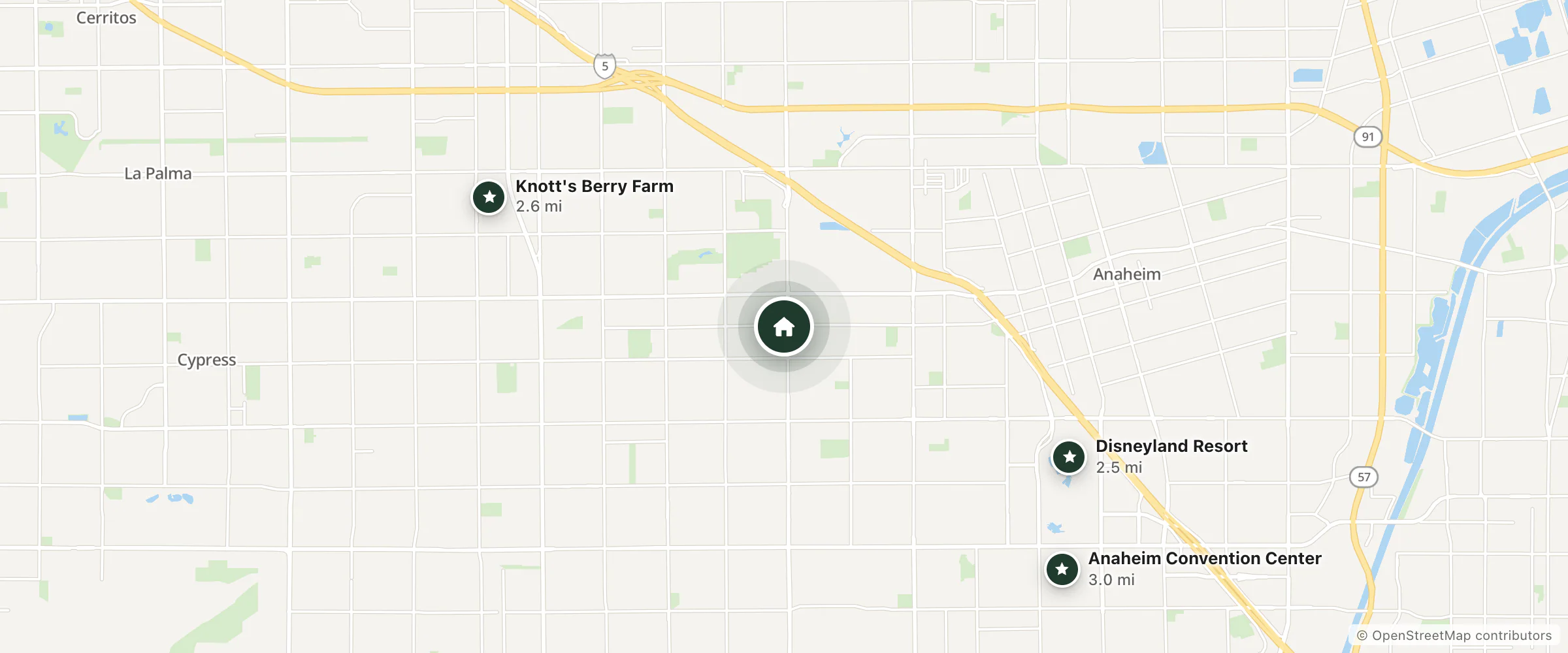 Map of Sunny Days Suites and nearby Disneyland Resort, Knott's Berry Farm and Anaheim Convention Center