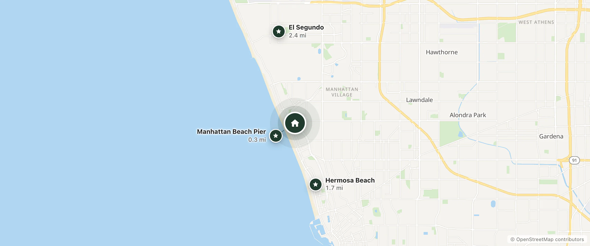 Map of Shade Hotel Manhattan Beach and nearby Manhattan Beach Pier, Hermosa Beach and El Segundo