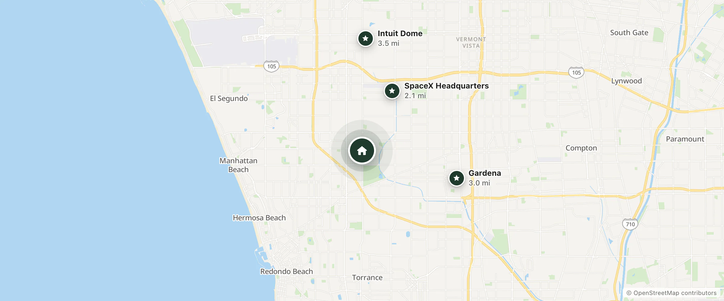 Map of Prairie Motel and nearby SpaceX Headquarters, Gardena and Intuit Dome