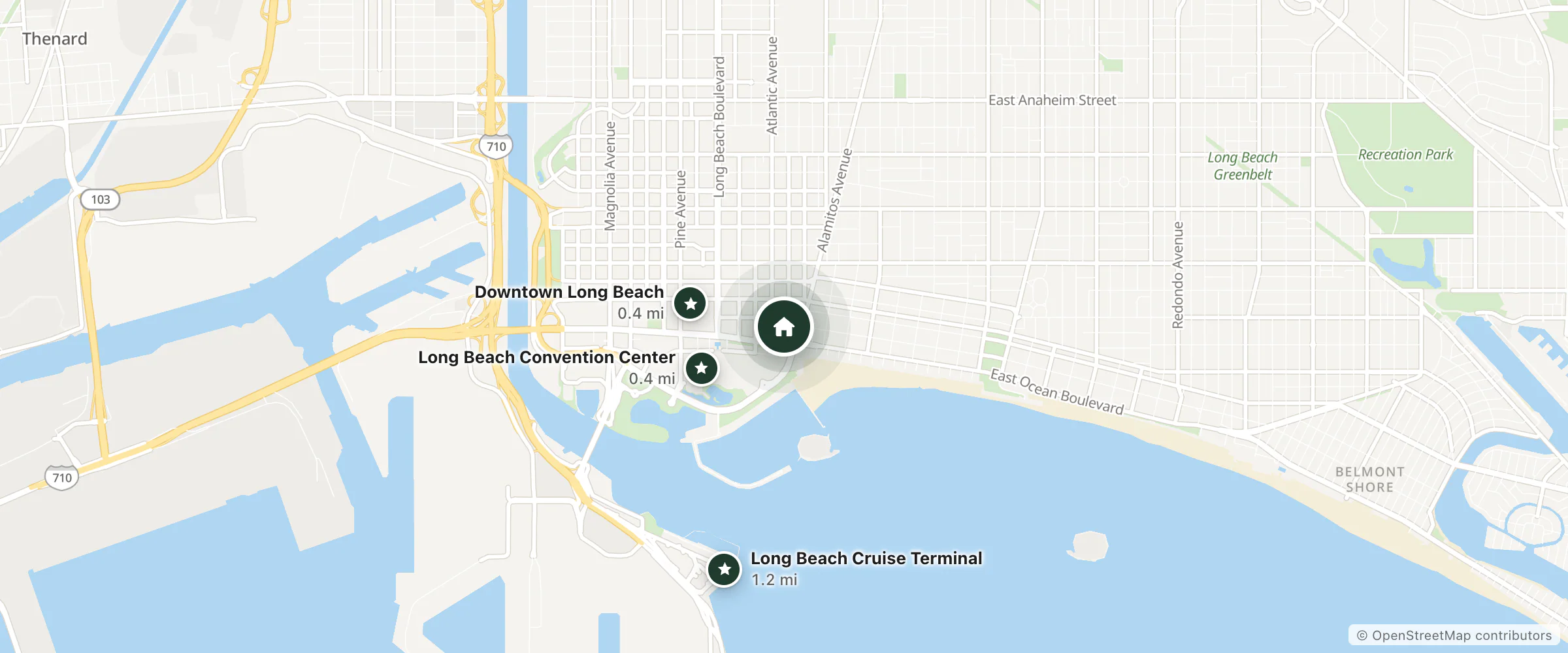 Map of Greenleaf Hotel Long Beach Convention Center and nearby Long Beach Convention Center, Downtown Long Beach and Long Beach Cruise Terminal
