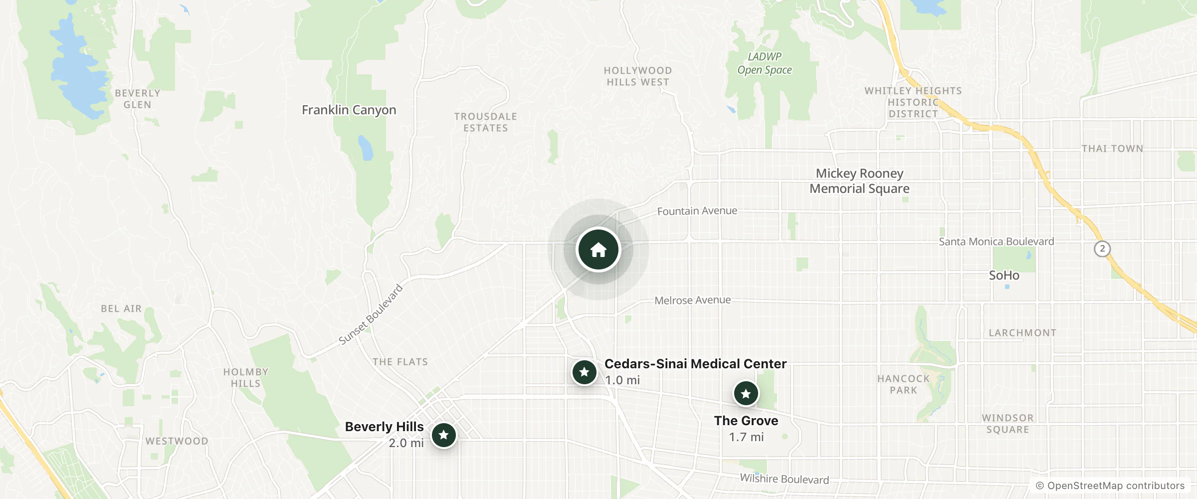 Map of Chamberlain West Hollywood Hotel and nearby Cedars-Sinai Medical Center, The Grove and Beverly Hills