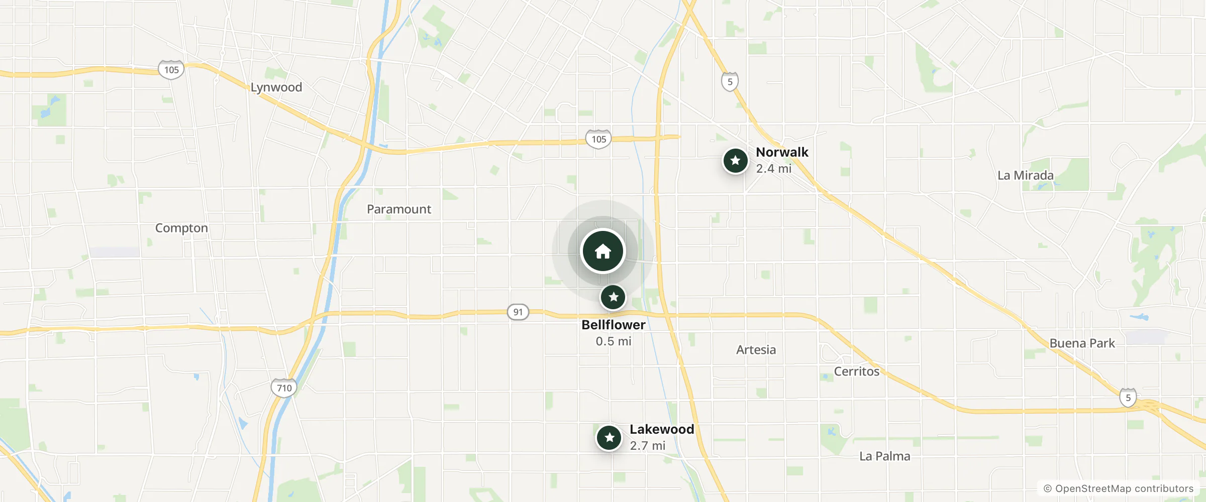 Map of Century Inn and nearby Bellflower, Norwalk and Lakewood