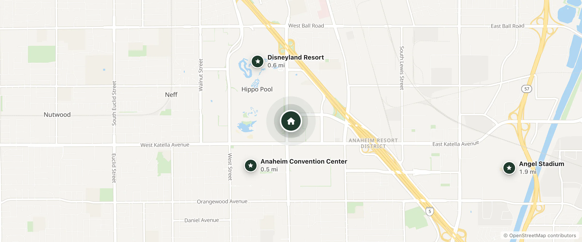 Map of The Anaheim Hotel and nearby Anaheim Convention Center, Disneyland Resort and Angel Stadium