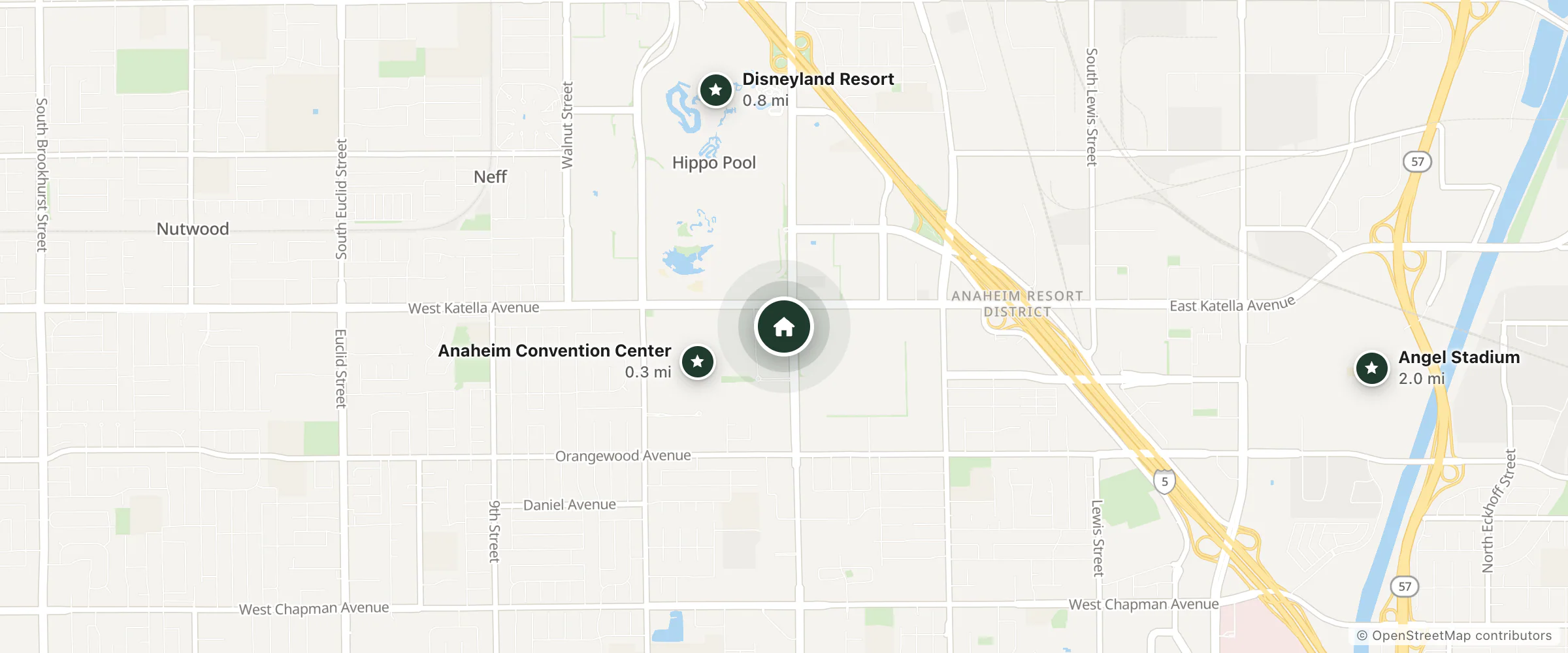 Map of Anaheim Portofino Inn & Suites and nearby Anaheim Convention Center, Disneyland Resort and Angel Stadium