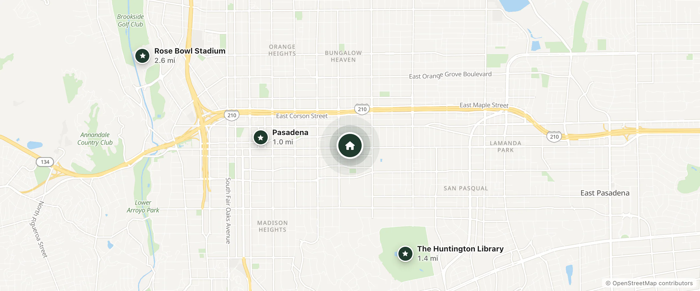 Map of Pasadena Rose & Crown Hotel and nearby Pasadena, The Huntington Library and Rose Bowl Stadium