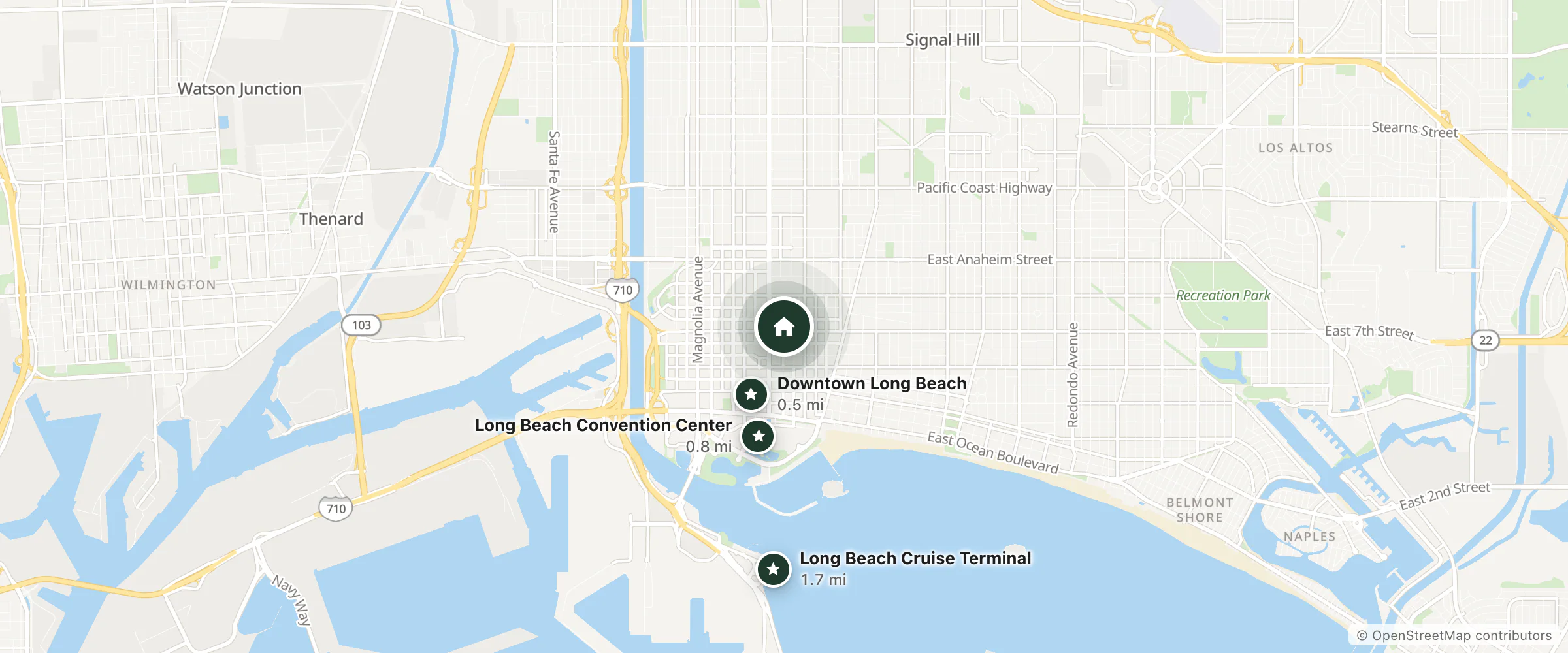 Map of Coast Long Beach Hotel and nearby Downtown Long Beach, Long Beach Convention Center and Long Beach Cruise Terminal