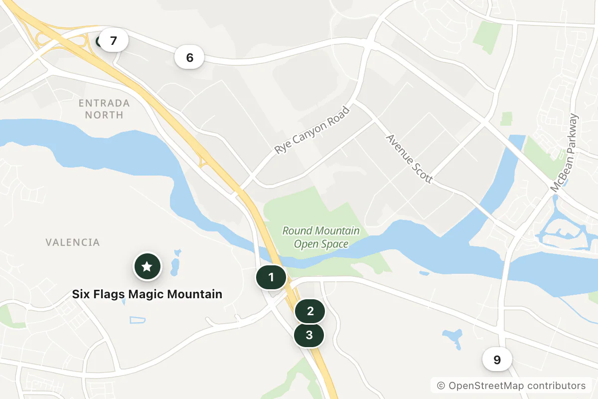 Map of the top 9 hotels for this question around Six Flags Magic Mountain