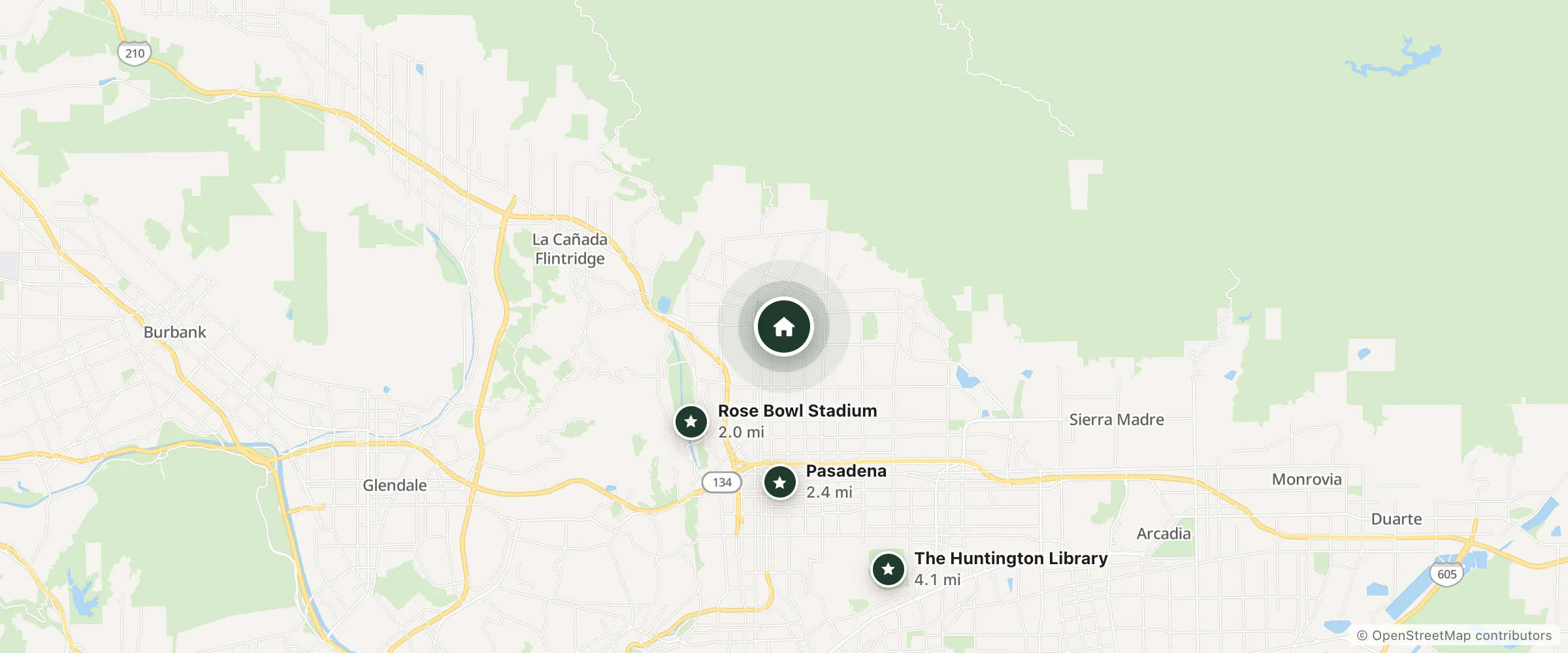 Map of Sharyn's Place and nearby Rose Bowl Stadium, Pasadena and The Huntington Library