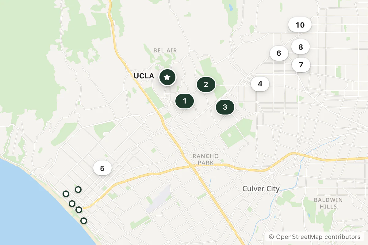 Map of the top 15 hotels for this question around UCLA